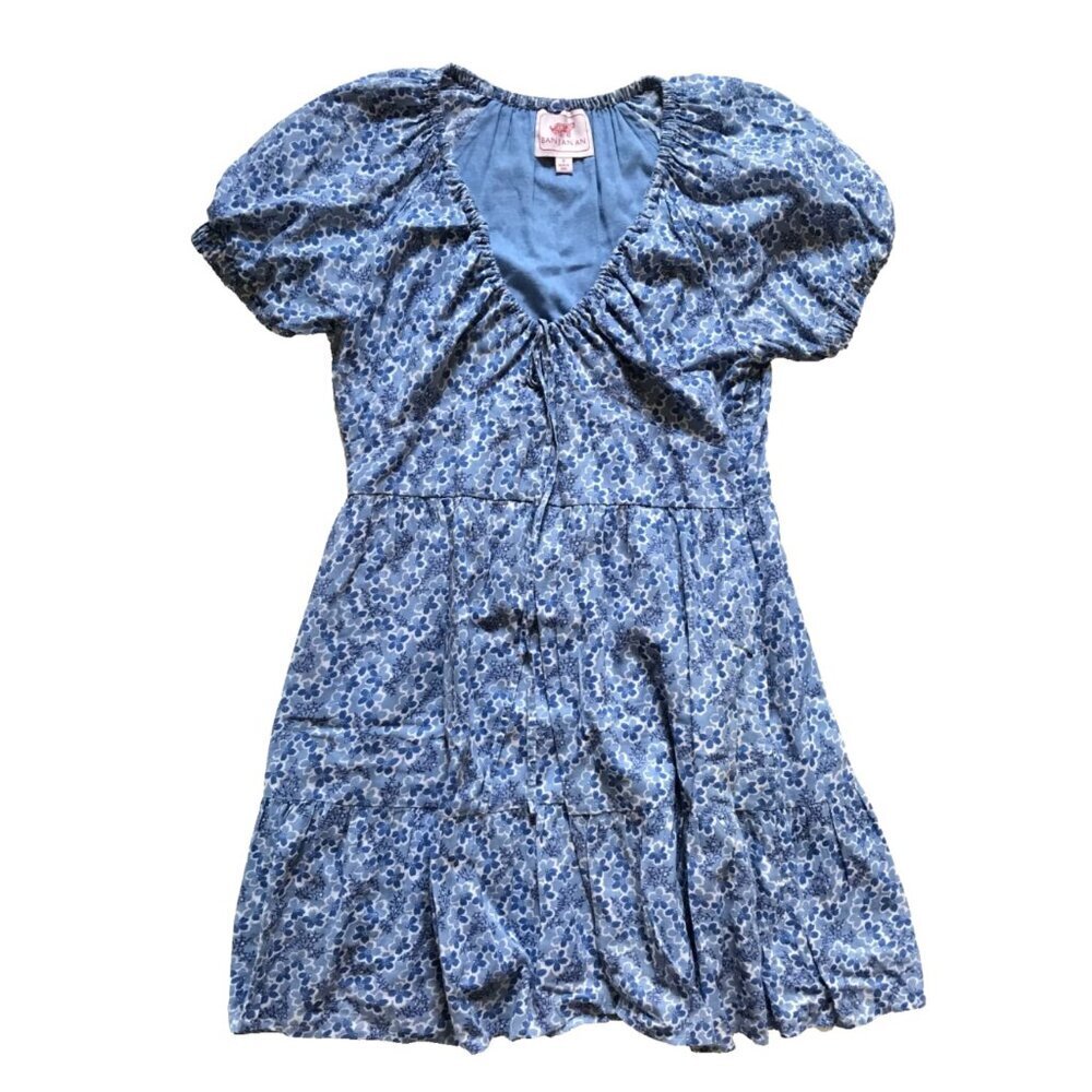 Banjanan Mini Dress Womens XS Blue Floral Print Cotton Short Sleeve Scoop Neck